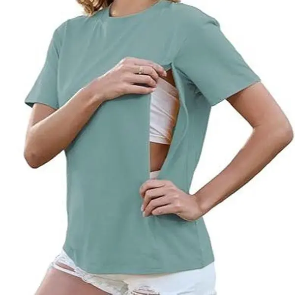 Ecavus Women's Short Sleeve Maternity Blouse - Hidden Zipper for Breastfeeding, Soft Nursing Clothes, Prenatal Maternity Wear