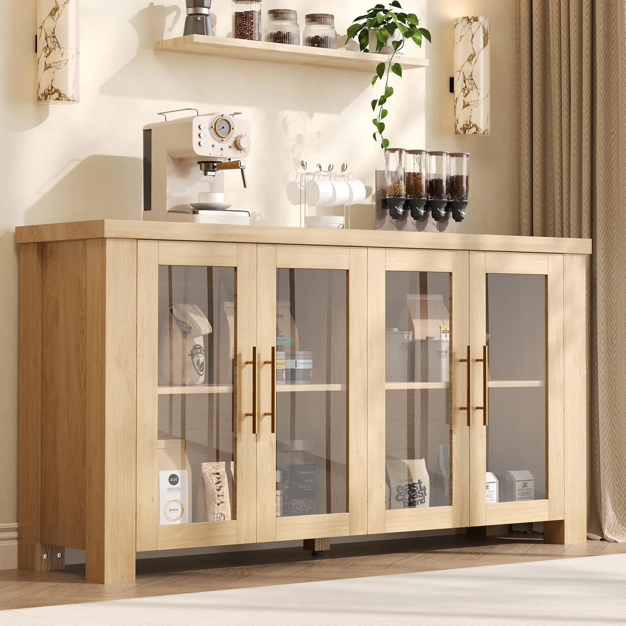 Garvee YJ-Garvee Buffet Cabinet ZYGV-35CF-4DOOR-NW-BUFFET-xliAMA57 with 59" & 31.5" Sizes, Tempered Glass Doors, Natural Wood Finish, for Living Room, Dining Room, Kitchen
