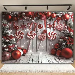 1pc Large Festive Polyester Banner, 39x59/70.8x90.5in Red & White Christmas Tree-Windmill-Lollipop-Balloon Design, No Power Required, for Indoor & Outdoor Christmas Parties, Banners