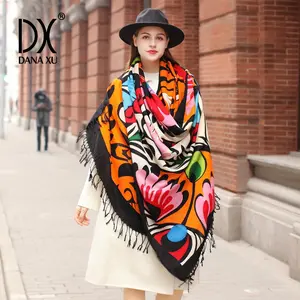 DANA XU 100% Merino Wool Extra Large Pashmina Blanket Travel chunky Scarf Cashmere Wrap for Women Fall Winter Oversize Shawl Floral Party Ceremonies