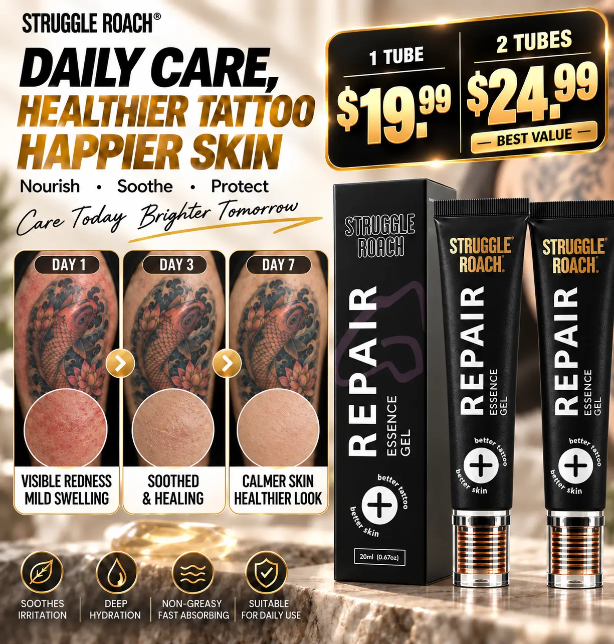 StruggleRoach 20 ml Tattoo Aftercare Essence Gel Cream - Non-Sticky Transparent Texture, Hydrating, Anti-Fade Color Protection, Soothing, Accelerates Recovery, Softens Dry Itchy Tattoo Skin, Smoothing, Clean Tube, Suitable for All Skin Types, Daily Care