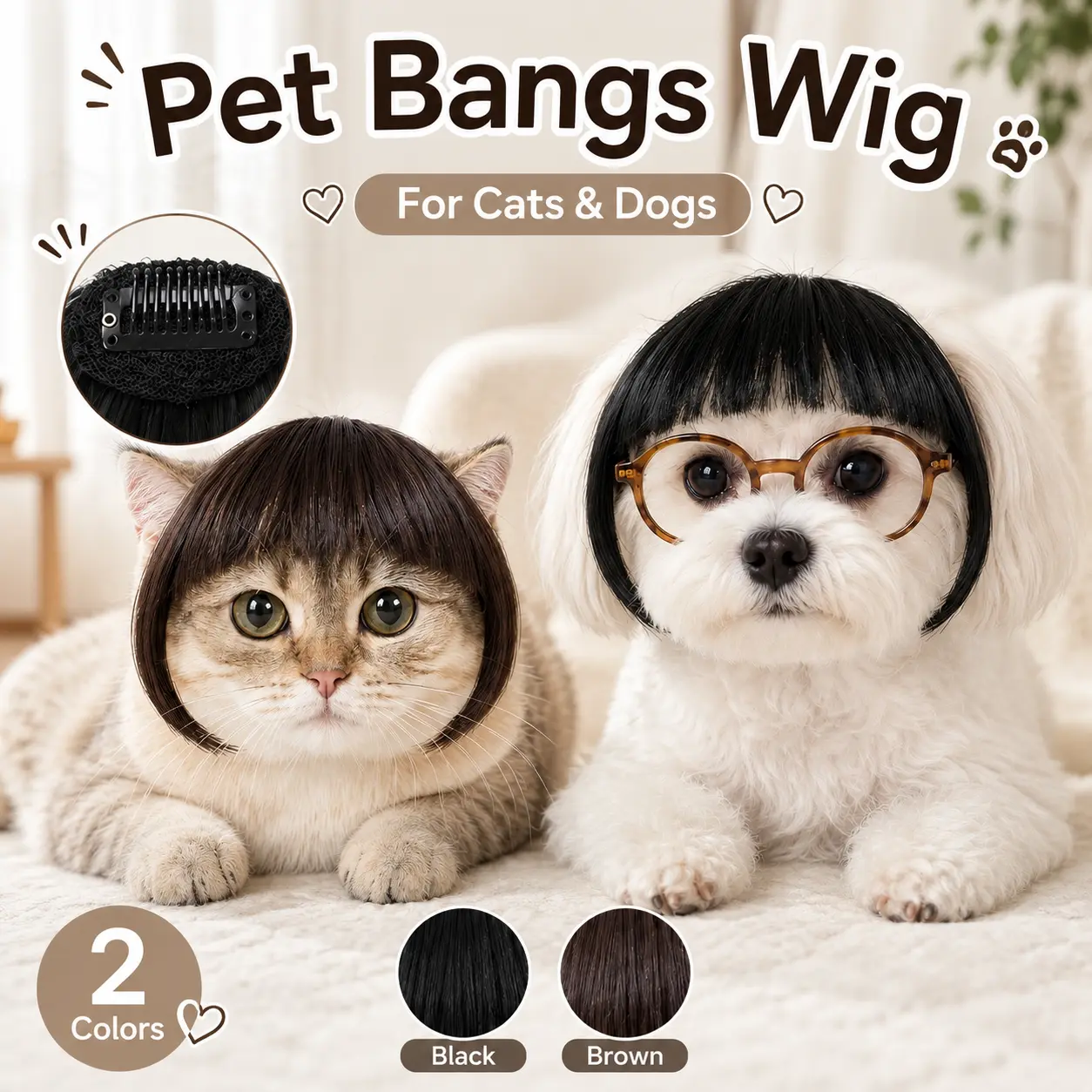 Pet Fringe Wig - Chemical Fiber Clip-On Small Quick Wear Hairpiece with Black Bangs, Brown Bangs, Everyday Fun, Instant Cute Upgrade for Cats & Dogs Cosplay Costume Accessory