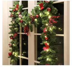 MorTime 9 FT LED Christmas Garland with Pinecones Red Berries Bows Christmas Balls Candies, Multi-Function Christmas Garland with 50 Warm White LED Lights, 180 Branch Tips