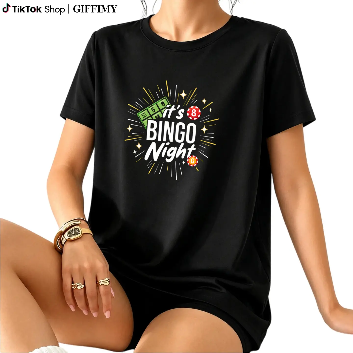 It S Bingo Night Print T-shirt, Short Sleeve Crew Neck Casual Top for Summer & Spring, Women's Clothing Apparel Cotton