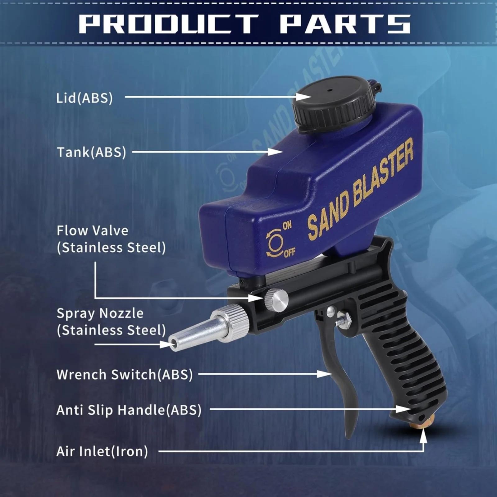 Small pneumatic sandblasting gun, portable gravity sandblaster, high-pressure tool kit, electric accessories and hardware, handheld sandblaster—portable home metal cleaning and restoration tools