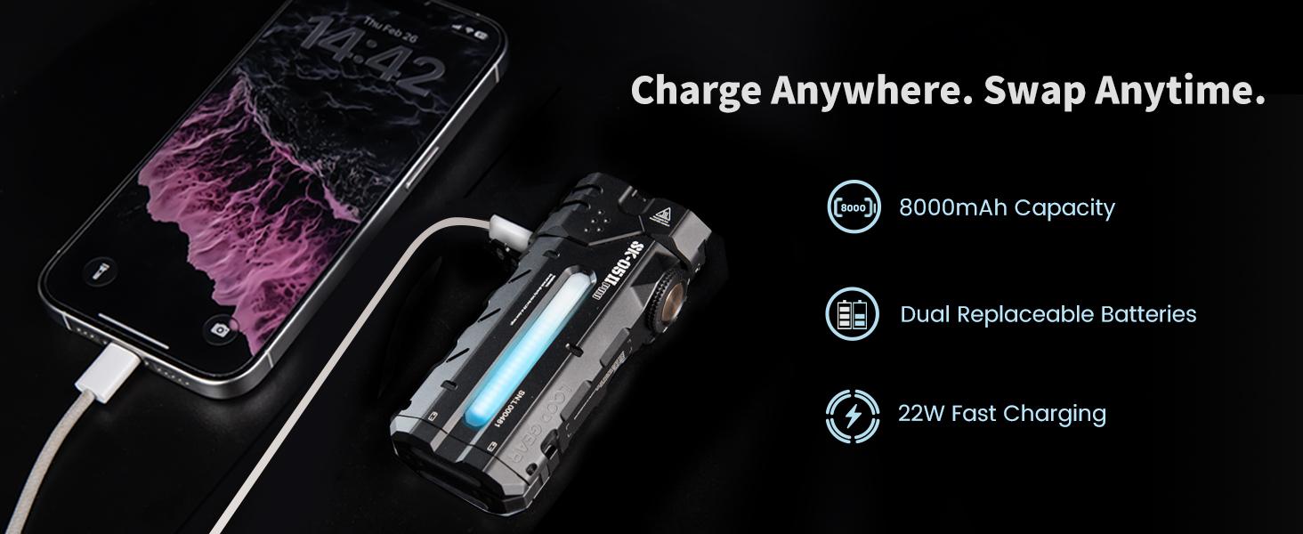 LOOPGEAR SK05 PRO 2 EDC Flashlight, 5000LM LED Flashlight – Spot + Flood + RGB + High CRI + Power Bank, IP68 Magnetic, Replaceable Batteries