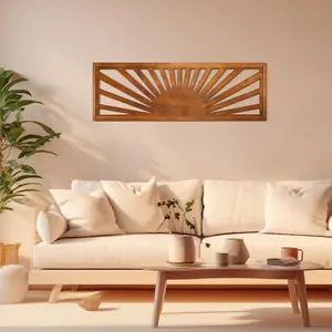 Wood Sunrise Wall Art 35'' x 12'' Long Horizontal Boho Vintage Decor for Above Bed in Dark Brown Room Poster Ornaments Artistic