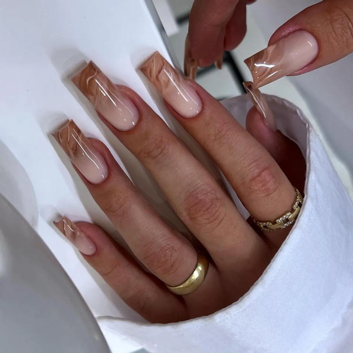 Gradient Marble Design Long Square Fake Nail Kit, 24pcs French Style Press on Nails with Nail File & Jelly Tape, Removable Nail Art Artificial Full Cover, Nail Extensions, Pressed on Nails, French Tip Nails, Decorative Nails, French Tips Nails