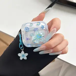 Blue Floral Earphone Case for AirPods Pro2/3, Stylish and Durable Protective Cover, Wireless Bluetooth-compatible Earbud Shell, Protection