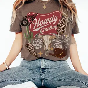Comfort Colors Howdy Cowboy Cowgirl Club Shirt, Playful Western Collage Graphic Tee, Aesthetic Vintage Cowboy Skull Disco Outfit, Trendy Oversized Rodeo Celebration Design, Premium Garment Dyed Country Music Gift