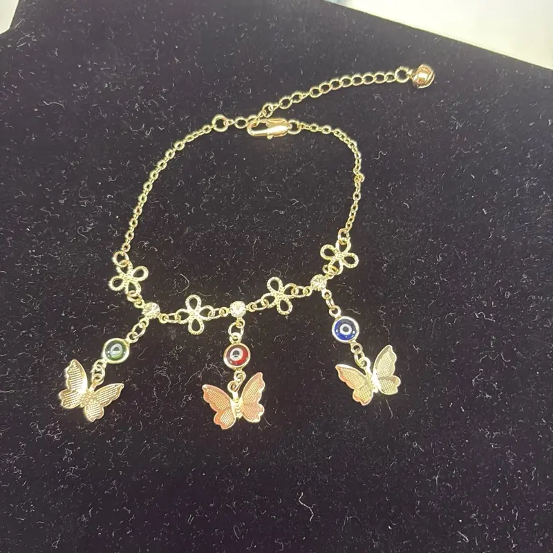 Plated Bracelet with Dangly Butterflies and Eyes - Gold Tone Chain with Colorful Eye Charm and Butterfly Pendants