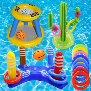 Inflatable Pool Ring Toss Game, Indoor Holiday Fun Or Outdoor Pool Game for Adults & Family, Inflatable Pool Raft, Swimming Pool Set, Water Pool Toss Game with 4 Rings, Rubber Toys, Inflatable Floater