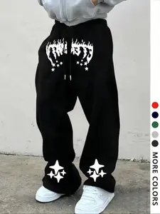 Men's Casual Sporty Long Pants, Letter & Star Print Drawstring Wide Leg Joggers, Loose Fit All Season Men's Clothing