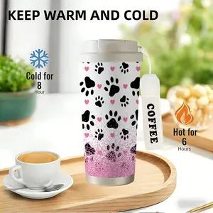 1 18oz double-layer vacuum insulated mug with cute paw prints and heart design, leak-proof travel mug, portable handle suitable for hot/iced coffee, office, camping, school, parties, coffee travel mug,camping essential, durable structure, student supplies
