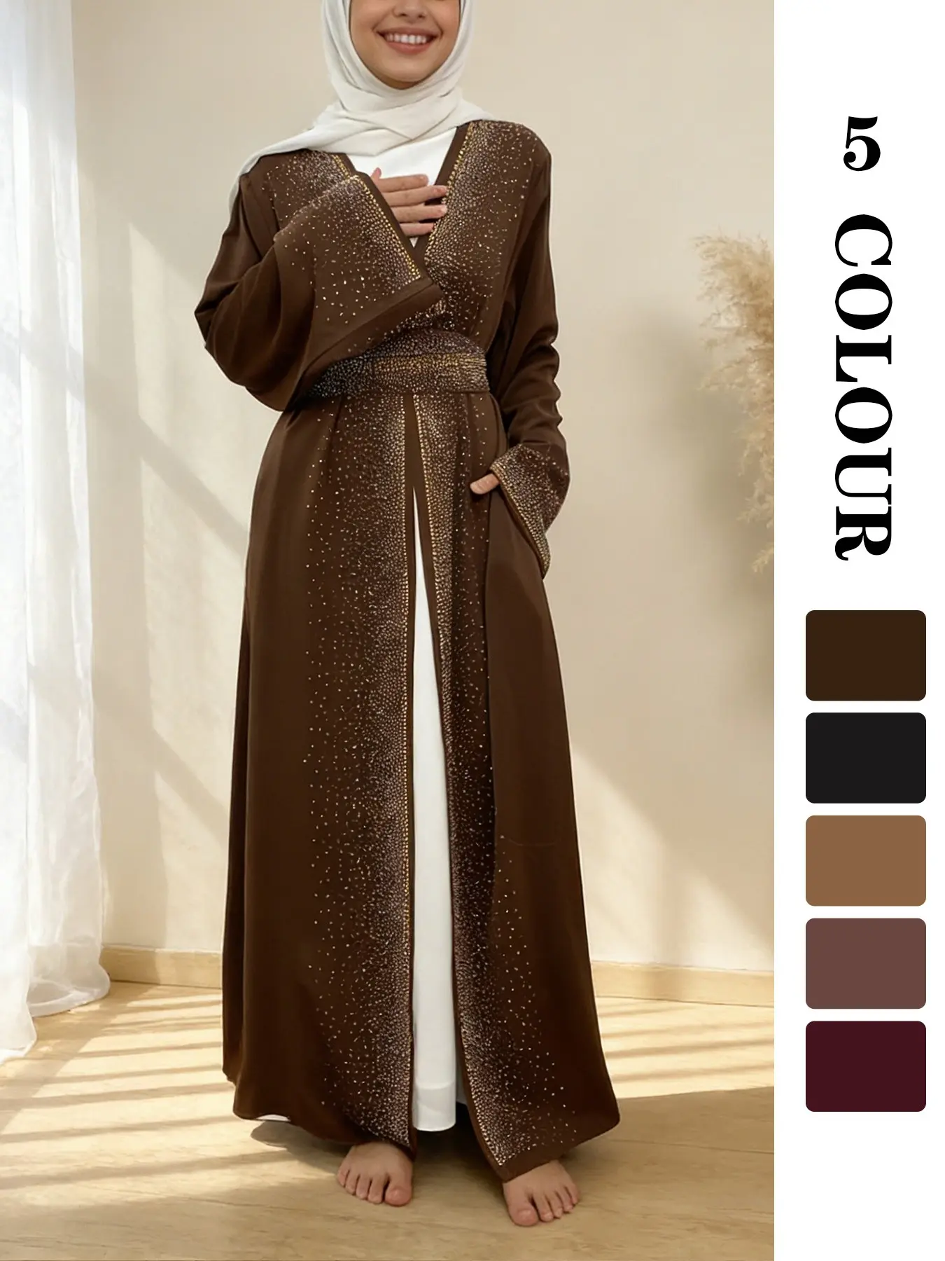 Sparkling Rhinestone Abaya, Shimmery Lustrous Abaya, Embellished Open Abaya, Elegant Islamic Clothing, Nida fabric, 5 colors & sizes, with pockets & wide sleeves, for weddings & special occasions