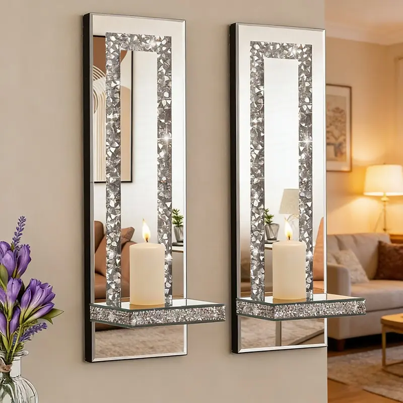Nordic Wall-Hanging Storage Mirror with Shelf, Diamond Glass Organizer with Candlestick, Modern Luxury Wall Decor for Home, Living Room, Bedroom, Entryway