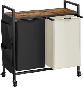 Laundry Hamper with Lid,Rolling Laundry Basket Organizer with Wheels, Iron-Made Laundry Sorter with Top Shelf and 2 Removable Bags,Large Clothes for Room,Black and Beige