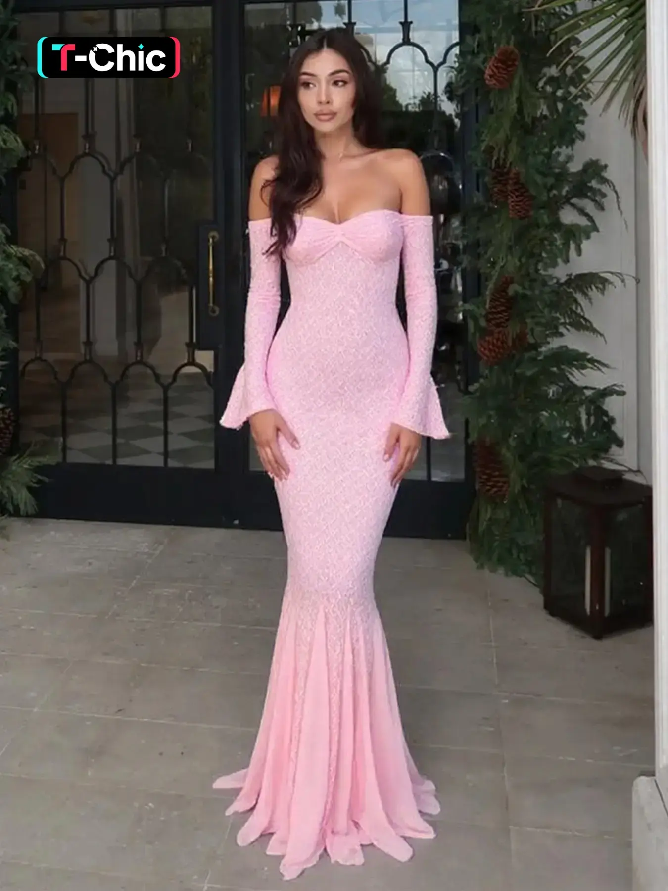 Women's Solid Color Lace Long Sleeve Dress, Chic Elegant Off the Shoulder  Dress for Party Club Dating Formal Wear, Ladies Spring & Fall Clothes  Womenswear - TikTok Shop
