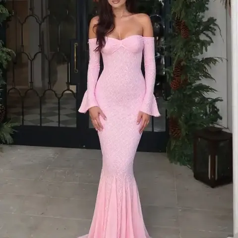 Women's Solid Color Lace Long Sleeve Dress, Chic Elegant Formal Style Classy Flattering Off the Shoulder Dress for Party Club Dating Formal Wear, Ladies Spring & Fall Clothes Womenswear
