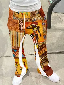 African Tribal Culture Print Bell Bottoms, Vibrant Ethnic Story Casual Pants, Fitted Geometric Pattern, All Seasons Fashion
