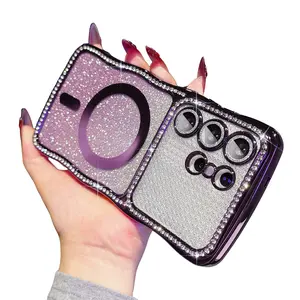 Magnetic Glitter Case for Samsung Galaxy S26 Ultra Plus S25 S24 Ultra Plus, Compatible with MagSafe, Cute Curly Wavy Diamond Frame, Luxury Rhinestone Camera Protection, Sparkly Slim Soft Back Cover for Women Girls