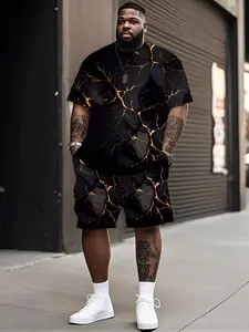 Men's Plus Size Flowing Pattern Print Top and Shorts Set, Casual Fashion Round Neck, Short Sleeve, All Seasons, Outfit