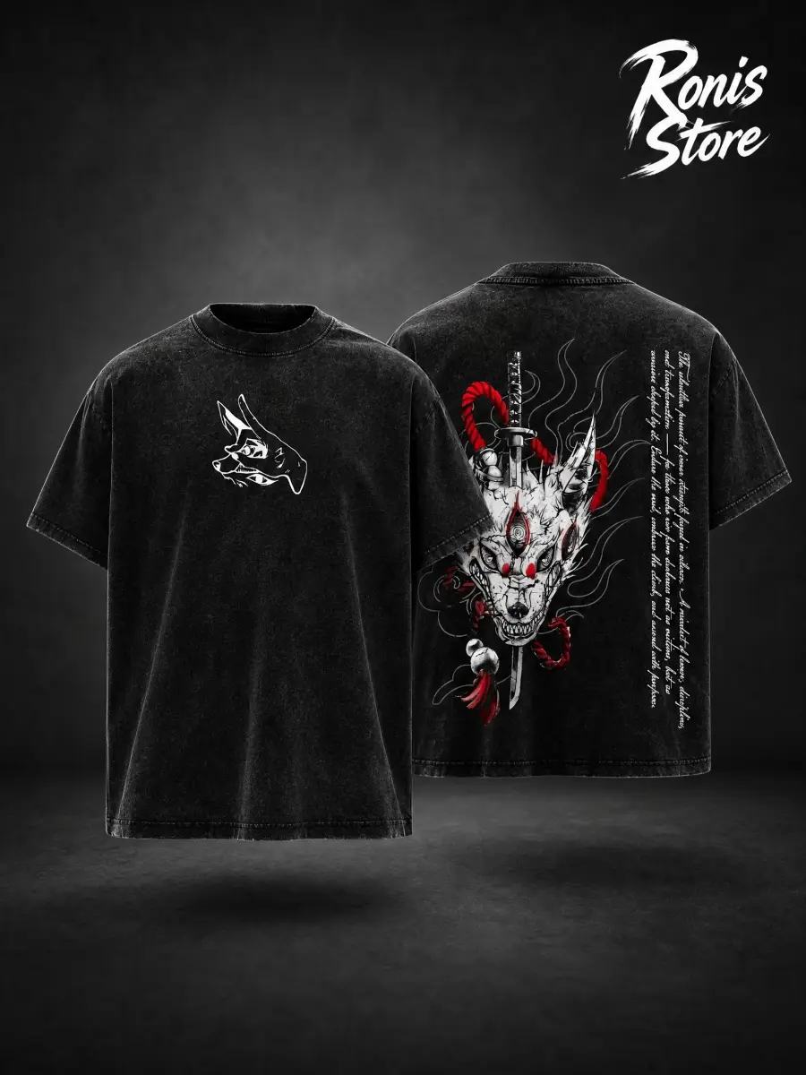 Men's Chainsaw Man Fox Devil Vintage Washed Oversized Heavy Cotton Lightweight Tshirt - Double Printed Unisex Shortleeve Streetwear Retro Graphic Art Top, All-Seasons Apparel Gift for Otaku Fans, Shortsleeve