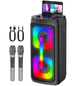 Portable Karaoke Machine with 2 Wireless Microphones, Rechargeable Bluetooth 5.3 PA System with LED Lights, Handle, Supports Type-C, USB, AUX, TF, TWS for Smartphone & Other Devices, Home & Outdoor Use
