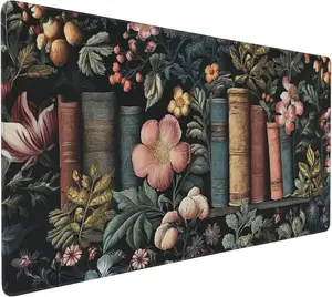 Dark Academia Desk Mat, Floral & Book Pattern XXL Mouse Pad with Anti-Slip Base & Stitched Edges, Large Desk Pad for Computer Keyboard, Office & Home Decor for Women