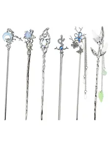 6PCS Star Moon Hair Sticks for Buns Long Hair Chinese Hanfu Asian Vintage Hair Chopsticks Metal Silver Hair Bun Updo Holders Long Hairpins for Women Girls