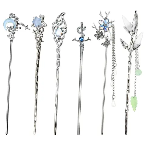6PCS Star Moon Hair Sticks for Buns Long Hair Chinese Hanfu Asian Vintage Hair Chopsticks Metal Silver Hair Bun Updo Hair Accessories Holders Long Hairpins Hair Decor for Women Girls