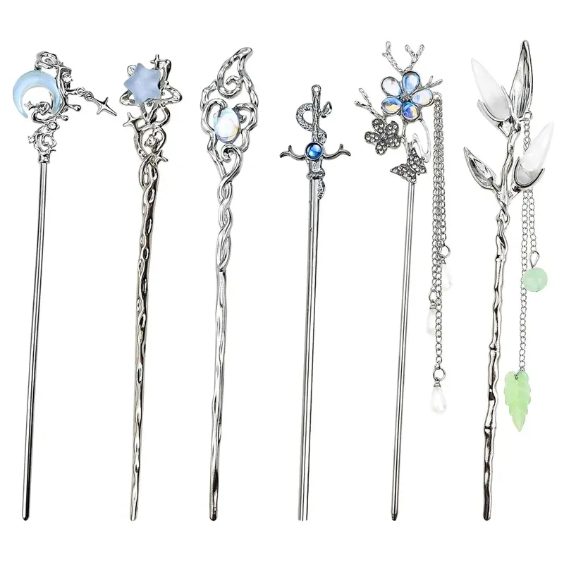 6PCS Star Moon Hair Sticks for Buns Long Hair Chinese Hanfu Asian Vintage Hair Chopsticks Metal Silver Hair Bun Updo Hair Accessories Holders Long Hairpins Hair Decor for Women Girls