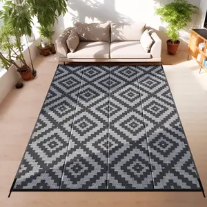 GOTGELIF Outdoor Rug Waterproof Outdoor Area Rug Reversible Portable Outdoor Plastic Straw Rug Indoor Outdoor Carpet for Garden Porch RV Camping Mat Grey Black