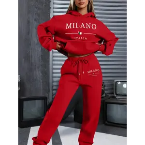 1set Milano Italy Theme Women's Casual Sweatshirt and Sweatpants Set - Long Sleeve Pullover with Hood, Cartoon Print, Polyester Knit, Pockets - Autumn/Winter - Women - Cozy and Stylish Loungewear
