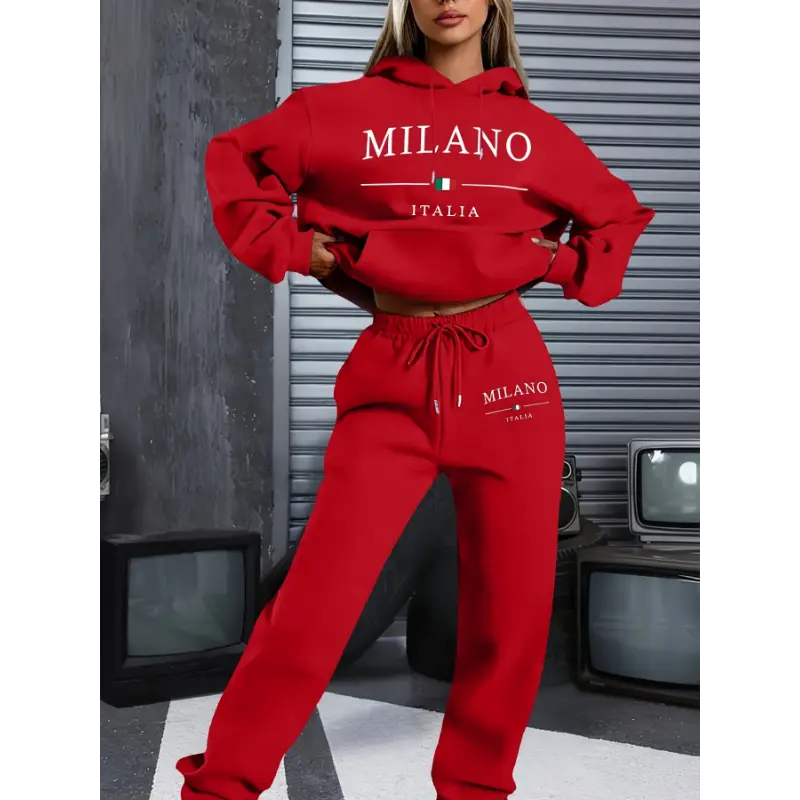1set Milano Italy Theme Women's Casual Sweatshirt and Sweatpants Set - Long Sleeve Pullover with Hood, Cartoon Print, Polyester Knit, Pockets - Autumn/Winter - Women - Cozy and Stylish Loungewear