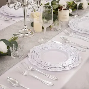 New 125PCS Silver Plastic Plates with Disposable Cutlery- White and Silver Plastic Dinnerware Include 25 Silver Dinner Plates 25 Silver Dessert Plates 25 Knives 25 Forks 25 Spoons for Christmas Tableware