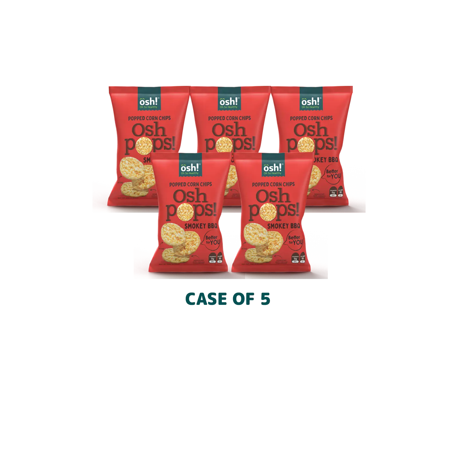 OSH! Oh So Healthy Baked Popped Corn Chips Smokey BBQ. The case includes 5x80g  packs!  5x BBQ . Gluten-free Never fried. Your go to Guilt free Snack.