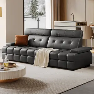 [2 Packages Shipping] 102.4" Mid-Century Lawrence Sofa Faux Leather Oversize Couch with Adjustable Headrest and Seat Depth for Living Room