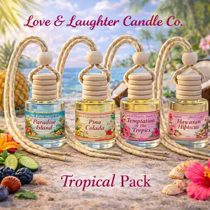 Love & Laughter Candle Co. 4 Pack Hanging Car Diffusers Tropical Pack with Hawaiian Hibiscus Paradise Island Temptation in the Tropics & Pina Colada Aromatic Citrusy Scent