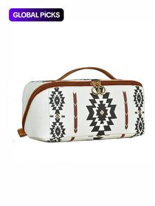 boho style makeup bag, casual colorblock makeup organizer pouch, versatile storage bag for skincare, lotion, cream, lip balm, eyeliners, mirror, stationery, travel bag, gifts for her, travel essentials