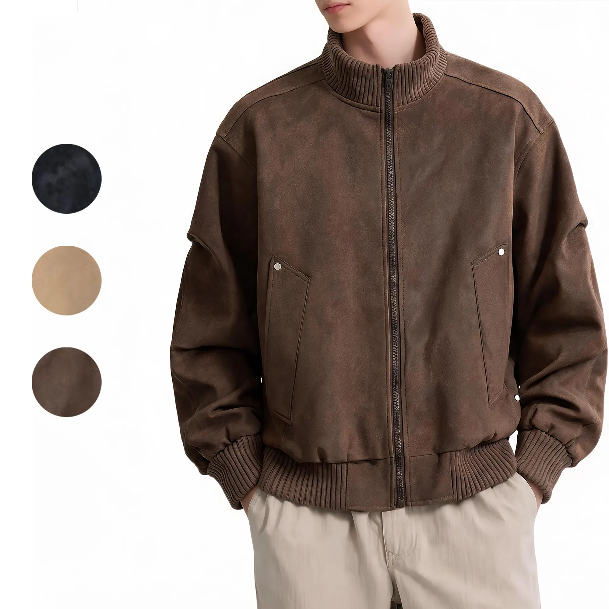 NELEUS Outer Lab Vintage Matte Gradient Tie-Dye PU Biker Jacket, Men Ribbed Stand Collar Trendy Baseball Leather Coat
