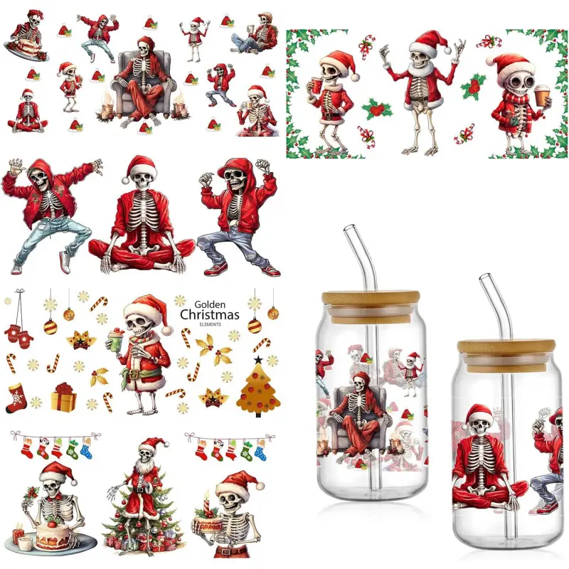 5 Sheets Christmas UV DTF Cup Wraps for 16 Oz Glass Cups Tumbler Waterproof Rub on Transfers Stickers Cute Cartoon Crafts DIY Cup Decor Decals Wrap - Red Santa Suit Merry Christmas Skulls