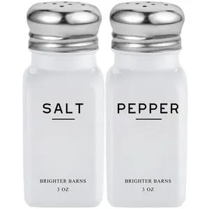 White Salt and Pepper Shakers Set by Brighter Barns - Dining Table Decor, Countertop Accessory - Neutral Minimalist Glass Salt Shaker - Modern Kitchen Accessories for Restaurant, Hotel, Airbnb (White)