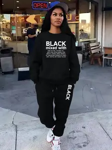 Black Letter print Women's 2 Piece Set Women's Casual Loose-Fit Sportswear Set, Round Neck Long Sleeve Pullover & Slim Fit Pants, Fall Winter, Streetwear Tracksuit Set
