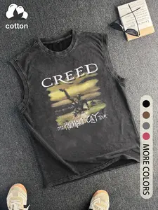 Men's Vintage Cotton Graphic Vest, Round Neck Sleeveless Casual Summer Top, Fitted Fashionable Design, Moderate Fabric Thickness