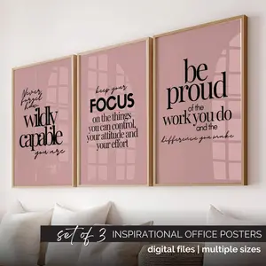Motivational Wall Art Set of 3, Inspirational Quote Posters, Women Office Decor Blush Pink, Inspiring Work Quote Prints, Growth Mindset Art