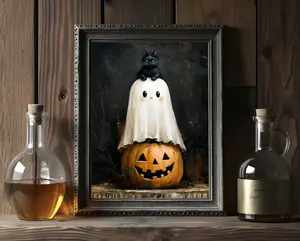Ghost And Cat Halloween Wall Art, Matte Vertical Posters, Halloween Indoor Decoration, Ghost Poster