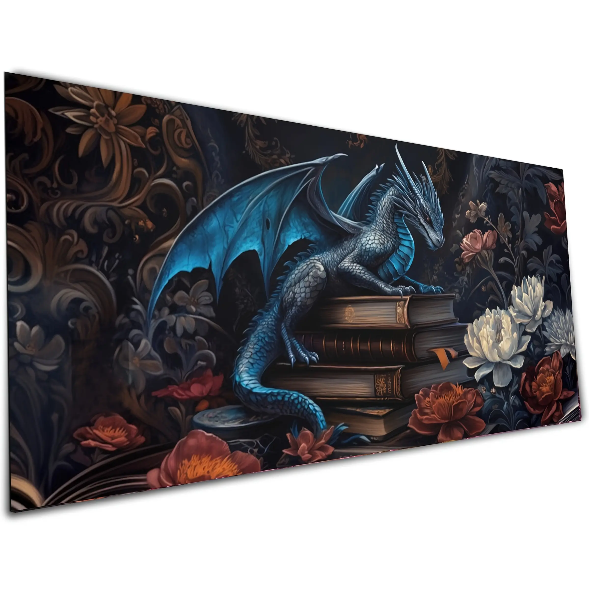 5D Diamond Painting Kits for Adults, Large Size Dragon on Books Full Drill Diamond Art Kits for Beginner, Fantasy Dragon with Vintage Flowers Diamond Dots, DIY Gem Painting for Home Wall Decor,15.7x31.5inch