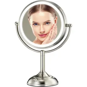 Professional 8.5" Large Lighted Makeup Mirror with  Lights, 1X/10X True  Magnifying Mirror with 3 Color Dimmable Lights, 90 Shadowless LEDs, 360?Swivel Seamless  Mirror,  Nickel
