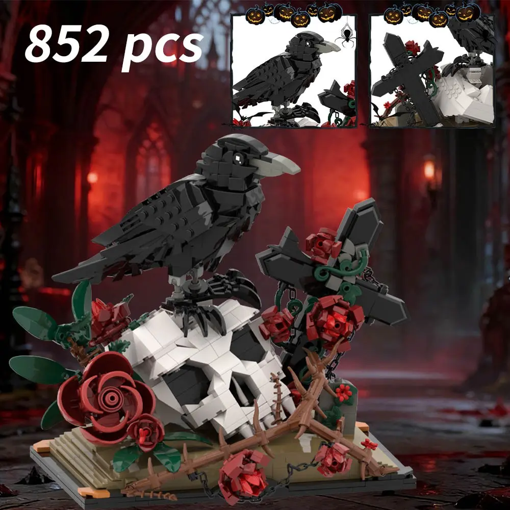 New Horror Gothic Raven Skull Rose Bouquet Art Building Set, 2